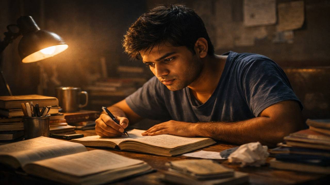 असफलता से सफलता की प्रेरक कहानी – देर रात मेहनत करता हुआ भारतीय लड़का