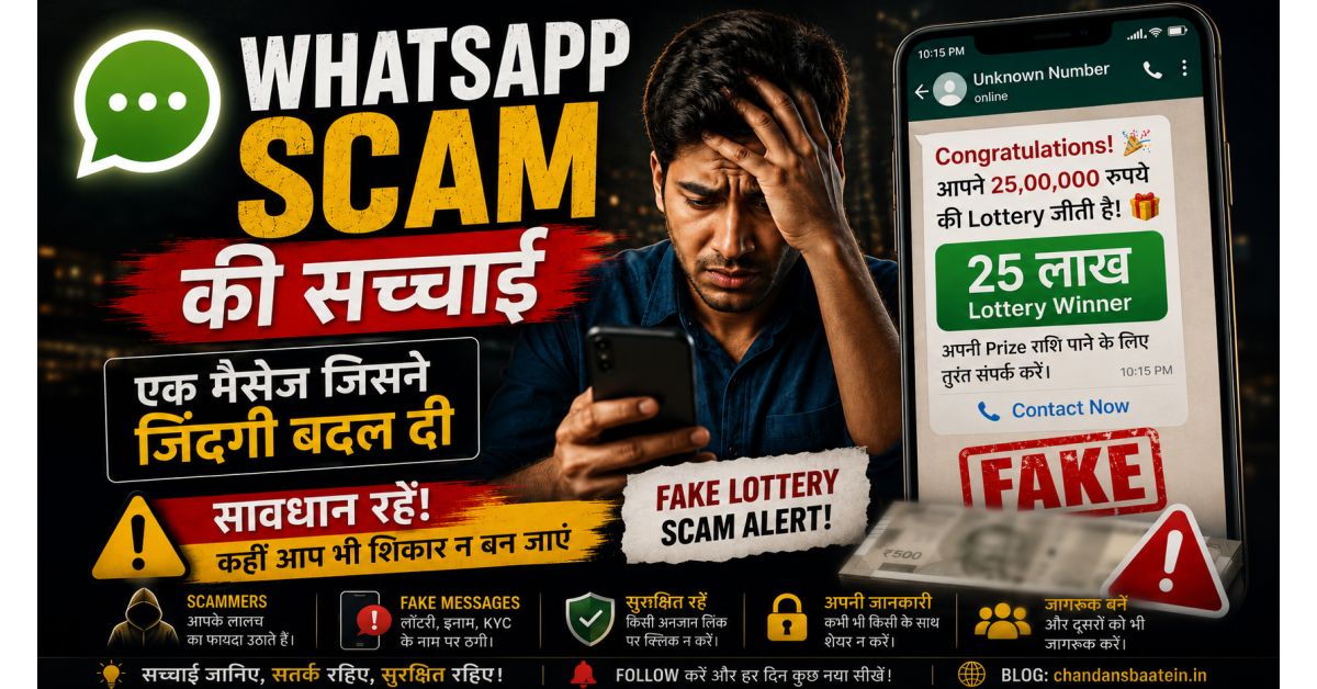 WhatsApp fake lottery scam awareness thumbnail with worried indian boy and smartphone notification